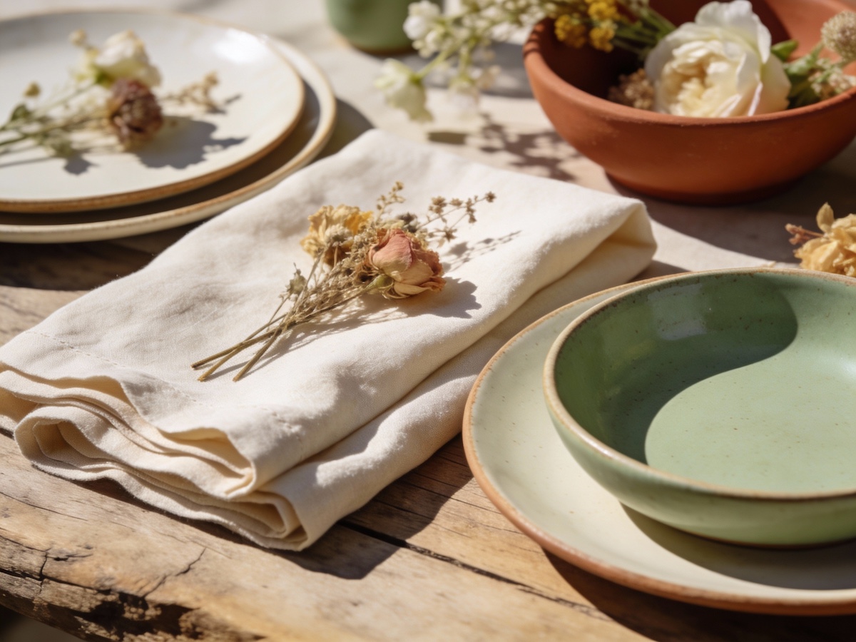 Table dressée en extérieur dans un mas provençal, vaisselle en grès et fleurs sauvages locales, lumière dorée de fin de journée
